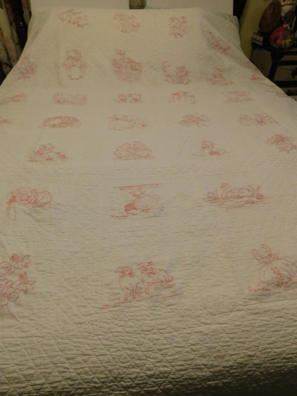 VTG Handmade Quilt with Pink Embroidery Days of the Week 80 x 80 Cotton